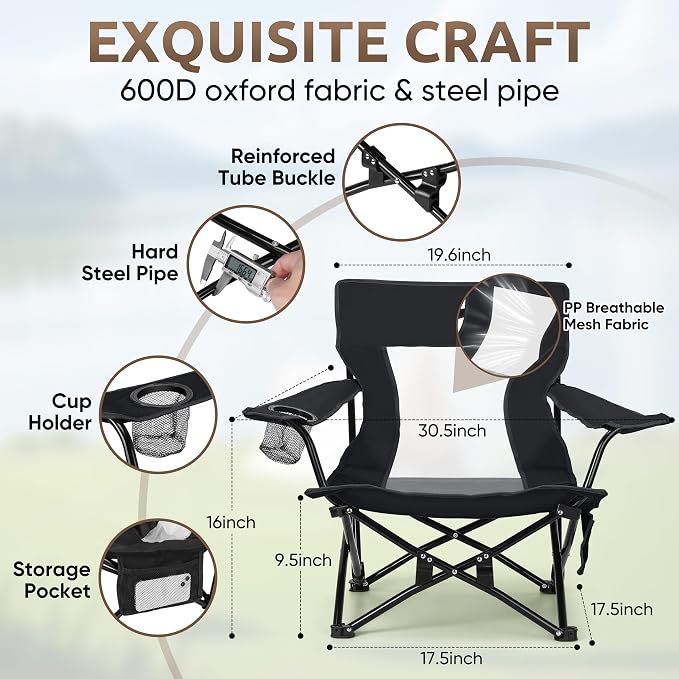 HaSteeL Folding Beach Chair Set of 3, Foldable Black Camping Chairs & Grey Table for Outside, Low Beach Chair Portable for Adults Fishing, Picnic, Outdoor BBQ, Cup Holder & Storage Bag - Image 4
