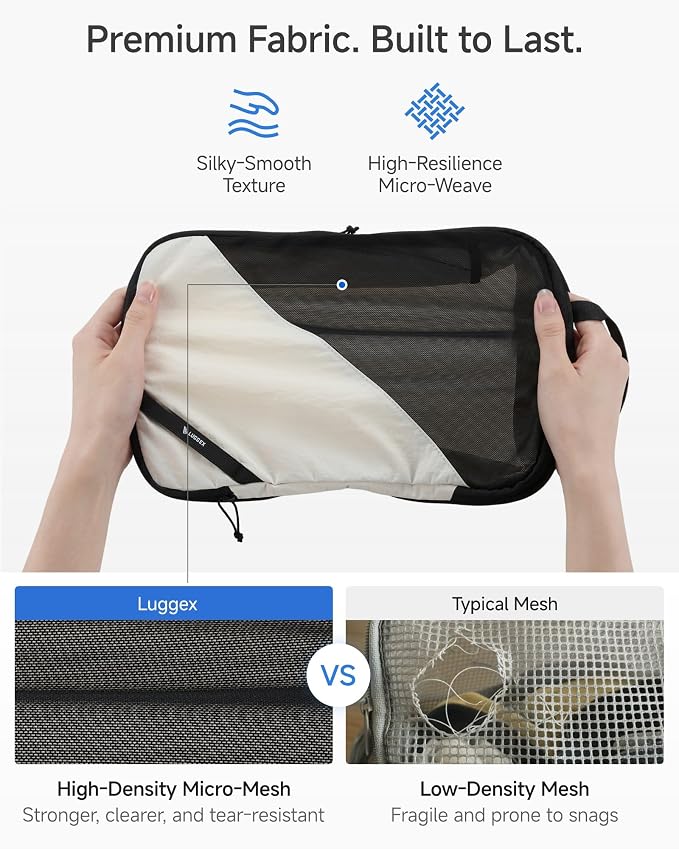 LUGGEX Compression Packing Cubes for Travel, 6 Set Lightweight Luggage Organizer Bags with Shoe Bag, Space Saving Suitcase Packing Cubes for Carry-On with Breathable Mesh, Double-Zipper (POX01, Beige) - Image 4