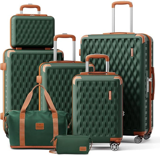 Melalenia Luggage Sets 7 Piece Hard Shell Carry on Suitcase with Spinner Wheels and TSA Lock, Lightweight Travel Duffel Bag for Women, Men, Green Brown by Melalenia