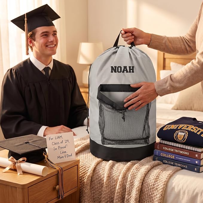 Personalized Laundry Bag Heavy Duty Custom Senior University XL Bag Backpack with Hanging Shoulder Strap & Mesh Pocket - Back to School College Graduation Gift - Choose Your Font & Thread Color - Image 2