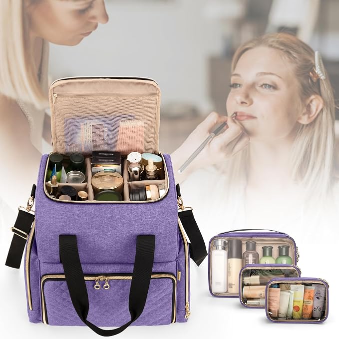 LUXJA Large Travel Makeup Bag with 3 Removable Cases, Cosmetic Bag with Detachable Dividers (Patent Pending), Purple - Image 8