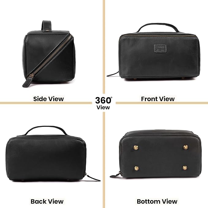 LEATHER VILLAGE Genuine Leather Travel Dopp Kit for Men & Women – Open Flat Large Capacity Cosmetic Bag with Water-Resistant Lining – Skin Care, Brushes, Shaving & Bathroom Essentials Organizer- Black - Image 5