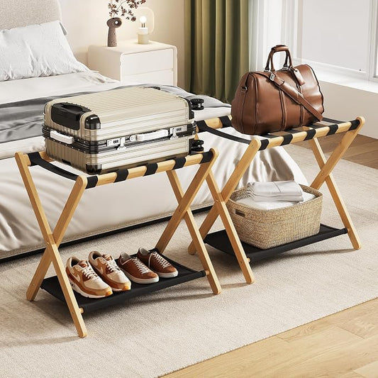 oakvivo Fully Assembled Luggage Racks Pack of 2, Bamboo Natural Foldable Luggage Rack for Guest Room, Suitcase Stand with Fabric Storage Shelf for Hotel, 5 Nylon Straps, 26.77" W x 16.93" D x 22.5" H by OAKVIVOElegantLifestyle