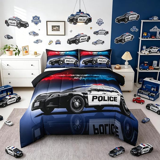 Erosebridal Police Car Comforter Sets Full Size,Policeman Vehicle Bedding Set for Kids Boys Children,Red Blue Cop Lights Down Comforter Geometric Graphics Duvet Sets Bedroom Decor with 2 Pillow Cases by Erosebridal