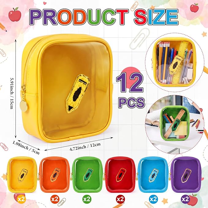 12 Pack Crayon Embroidery Clear Makeup Bag, Cute PVC Cosmetic Pouch with Colorful Crayon Patch 6 Colors, Small Waterproof Leather Travel Bag for Women, Teacher Appreciation Gift Set - Image 2