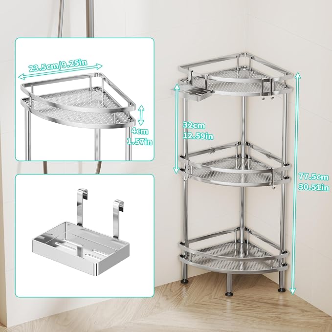 HapiRm Standing Corner Shower Caddy - 3 Tier Shower Organizer Corner with Soap Holder and 4 Hooks, Rustproof Bathroom Storage Shelves with Adhesives, Silver - Image 2
