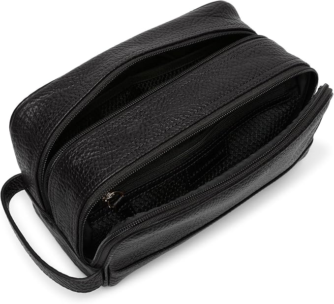 Leatherology Premium Ebony Leather Toiletry Bag – Small Double Zip Dopp Kit – Full Grain Leather Travel Organizer with Water-Resistant Lining – Compact Grooming Bag for Men or Women - Image 4