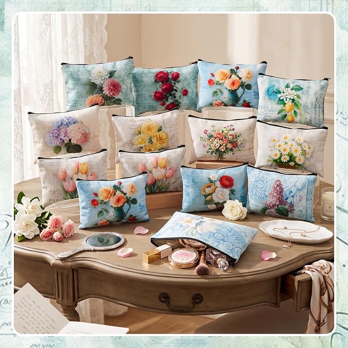 Sweetude 12 Pcs Flower Makeup Bag Bulk Portable Travel Cosmetic Bags with Zipper Rustic Colorful Floral Waterproof Roomy Travel Toiletry Organizer Storage Pouch for Women Tea Party Gifts - Image 2