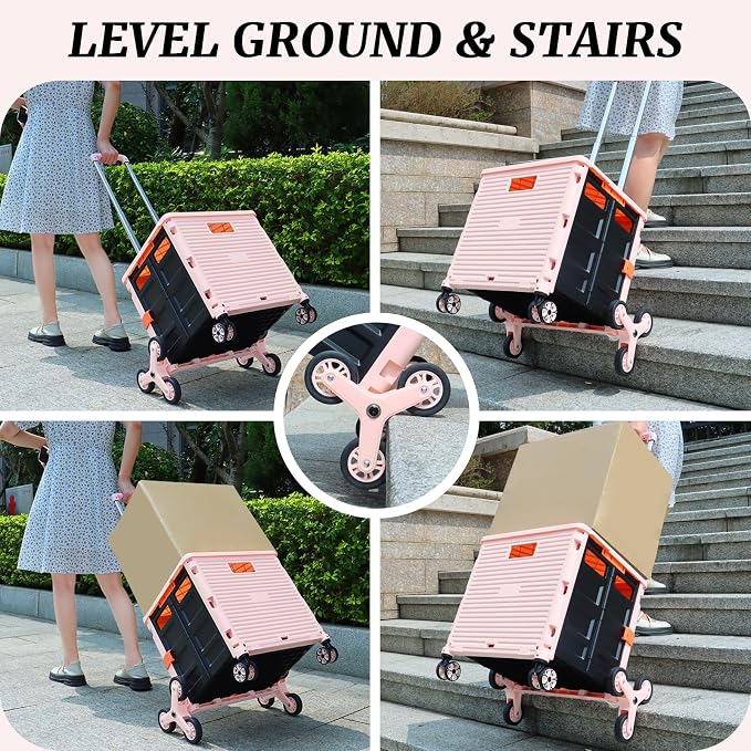 FELICON SELORSS Folding Utility Climber Cart Portable Rolling Crate-Pink | Stair Climbing Wheels+360°Swivel Wheels,Telescoping Handle,Plastic Box Dolly for Travel Shop Move Laundry Office Teacher Use - Image 3