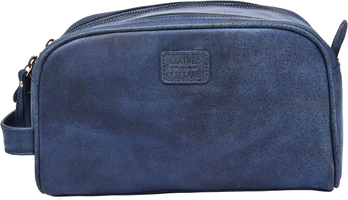 LEATHER VILLAGE Genuine Leather Toiletry Travel Bag With Waterproof Lining - Blue | King-Size Handcrafted Vintage Dopp Kit Bag, Shaving & Bathroom Organizer, Gift for Men & Women - Image 2