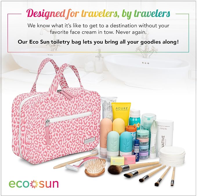 Eco Sun Hanging Travel Toiletry Bag — Designed in Hawaii — Water-resistant Travel Organizer for Bathroom Accessories (Pink Leopard) - Image 6