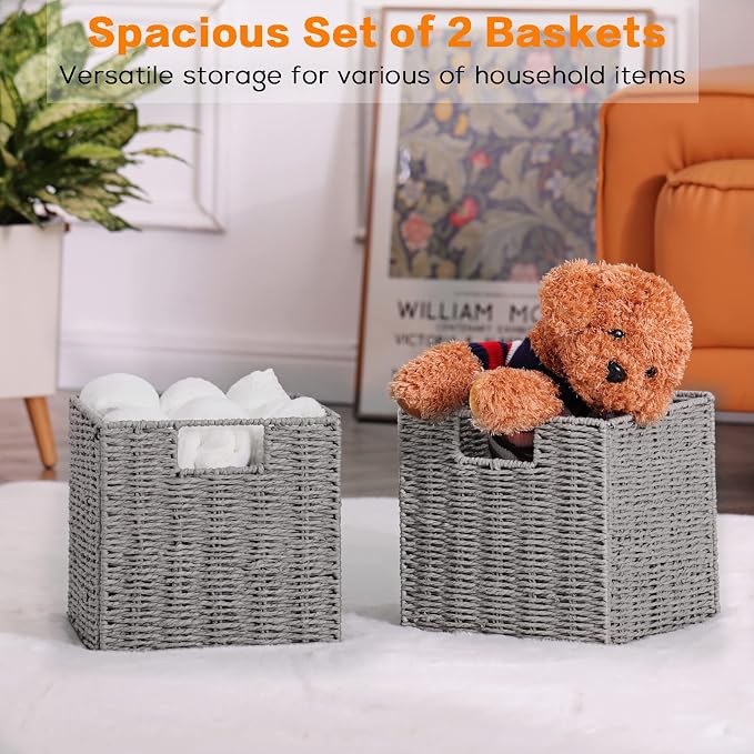 Vagusicc Storage Basket, Set of 2 Hand-Woven Paper Rope Wicker Baskets for Storage, Foldable Cube Storage Bins Organizer, 9 inch Medium Wicker Storage Baskets for Shelves Pantry Organizing Decor, Grey - Image 5