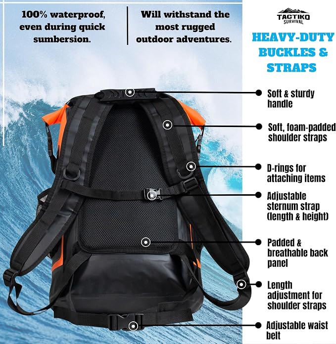Tactiko Survival 35L Heavy-Duty 100% Waterproof Backpack | Roll Top Dry Bag - Image 7