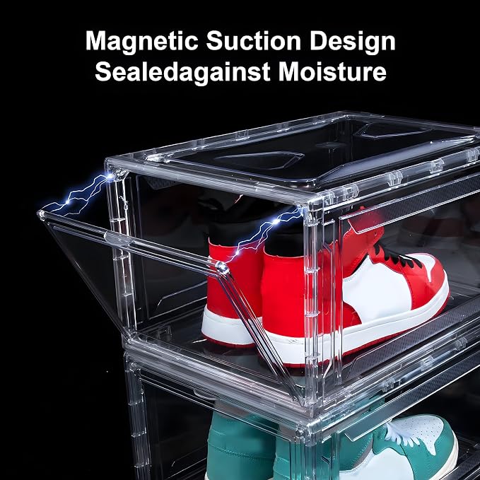 MMBABY 12 Pack Acrylic Clear Shoe Boxes, Ultra Clear Stackable Sneaker Display Cases with Magnetic Door, Professional Grade Shoe Display Case for Sneakers & Boots, Fits Up to US Men's Size 15 - Image 5