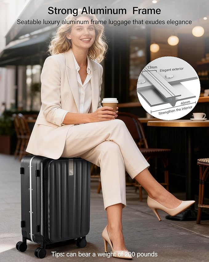 Hanke 24 Inch Checked Luggage PC Hard Shell Suitcases for Travel Front Opening Aluminum Frame Travel Luggage Rolling Suitcase with Wheels.(Jet Black) - Image 5