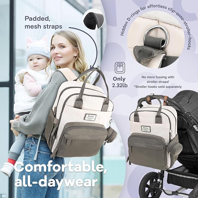 RUVALINO Diaper Bag Backpack-Multifunction Baby Travel Bag with Changing pad, Insulated Bottle Holders & Pacifier Case, Large Capacity, Waterproof, Cream & Taupe - Image 7