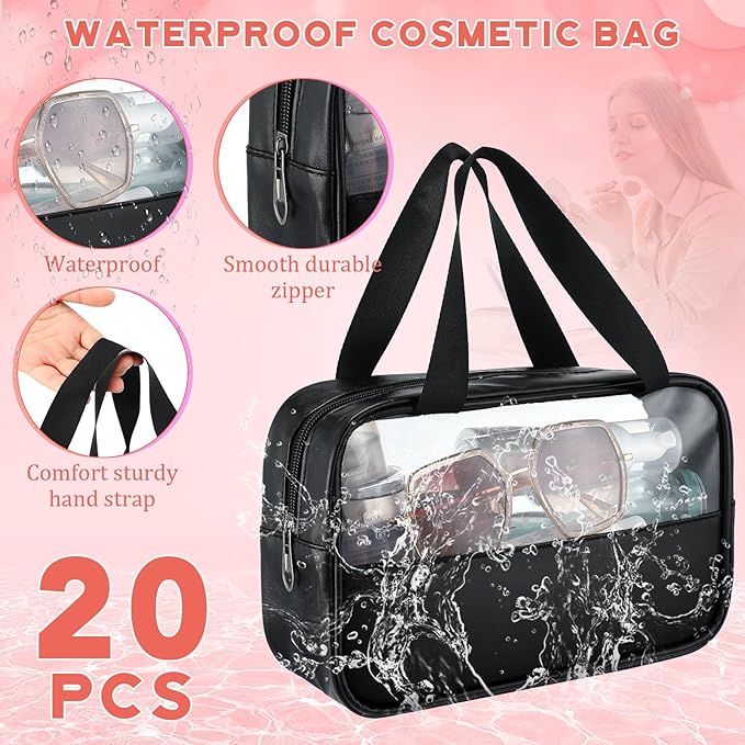Buryeah 20 Pcs Translucent Makeup Bag Toiletry Organizer for Women Men Waterproof Portable Cosmetic Bag with Hanging Handles Travel Storage Carry Pouch Gifts for Bridesmaid (Black) - Image 4