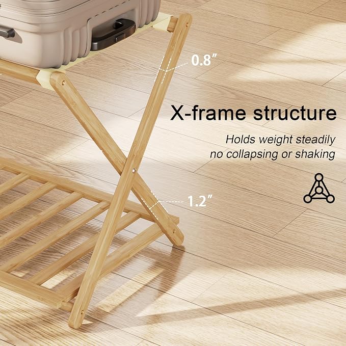 Fully Assembled Luggage Rack Set of 2 for Guest Room, Bamboo Suitcase Stand with Foldable Storage Shelf, Crossed Nylon Straps Folding Luggage Holder for Bedroom and Hotel, Natural - Image 9