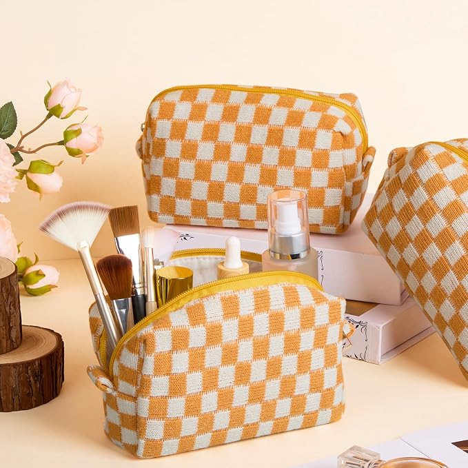 Gilprop 8 Pcs Checkered Makeup Bag for Purse Small Cosmetic Pouch Bulk Portable Zipper Makeup Pouch Travel Toiletry Organizer Gifts for Women Bridesmaid Wedding Party Favors (Orange) - Image 3