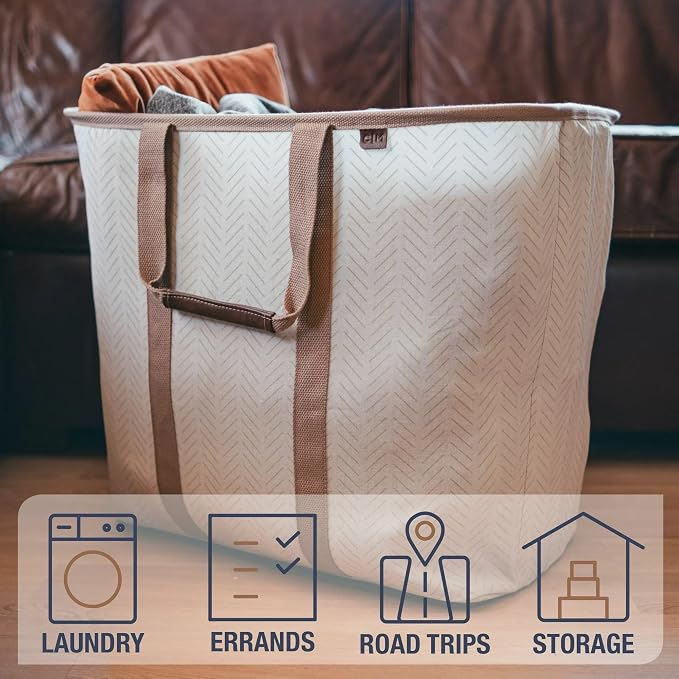 CleverMade LUXE Collapsible Laundry Caddy, 64L, 2 Pack, Navy Noir | Refined fabric and vegan leather details suit open rooms. The structured frame carries 2 loads and folds flat for storage. - Image 4