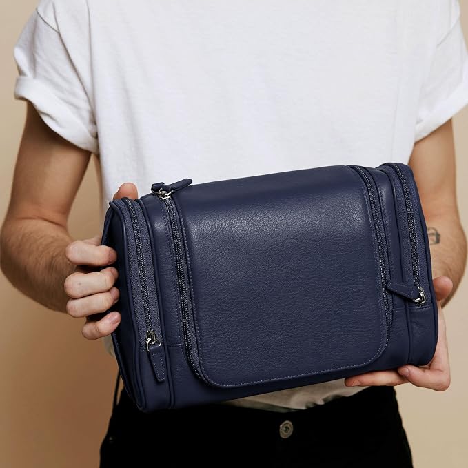 Leatherology Navy Blue Hanging Toiletry Kit – Full Grain Leather Travel Organizer with Hanger and Multiple Storage Compartments - Image 2