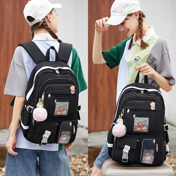 Laptop Backpacks 16 Inch School Bag College Backpack 3 PCS with Lunch Box Pencil Pouch Set Large Travel Daypack Kawaii Bookbags for Teens Girls Women Students (Black) - Image 5
