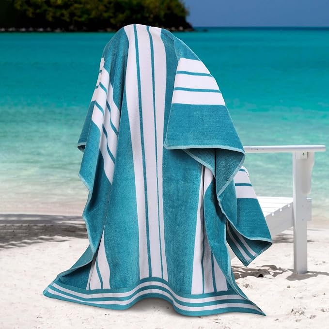 Superior Oversized Cotton Beach Towel Set of 2, Absorbent Towels for Bathroom, Pool, Swim, Adults, Kids, Vacation, Travel, Bath, Quick Dry Basics, Trip Essentials, Striped Decor, Turquoise by SUPERIOR