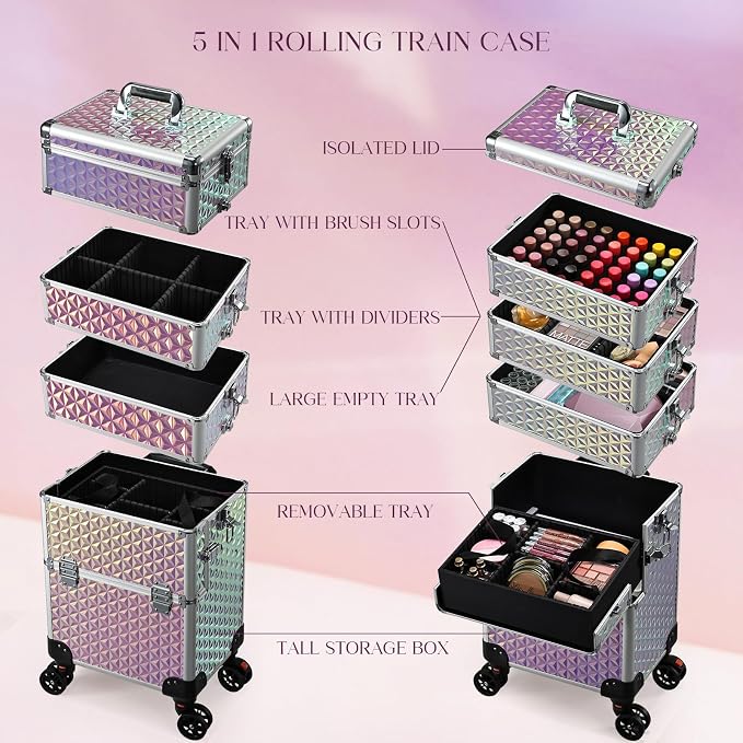 Yueieoun 5 in 1 Rolling Makeup Case, Cosmetology Case on Wheels Travel Make up Train Case Nail Cart Makeup Organizer Cosmetic Storage Box Cases Extra Large Trolley Truck with 360° Swivel Wheels, Pink - Image 2