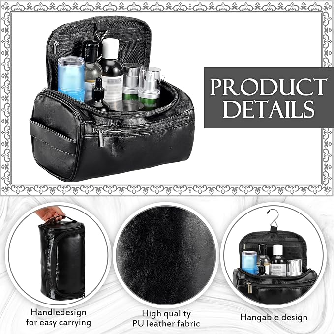 Aliceset 6 Pcs Groomsmen Gift Groomsmen Toiletry Bags Set of 6 Leather Toiletry Bag for Men with Hook Leather Wedding Proposal Bag with Side Handle Father Gift(Black) - Image 3