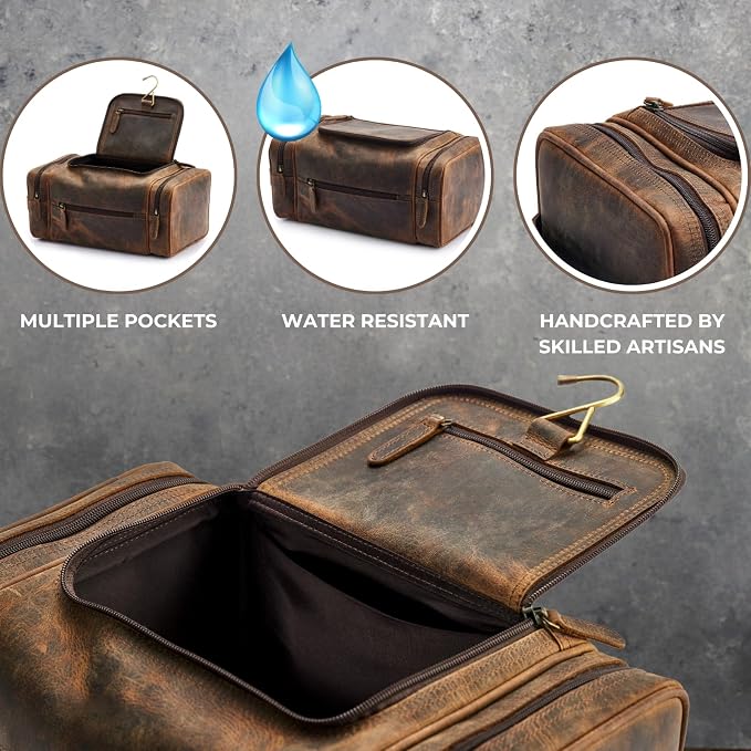 NomadCraftsCo. Extra Large Leather Toiletry Bag for Men - Premium Leather Men's Toiletry Bag for Travel, Dopp Kit, Pouch, Large Travel Organizer - Image 6