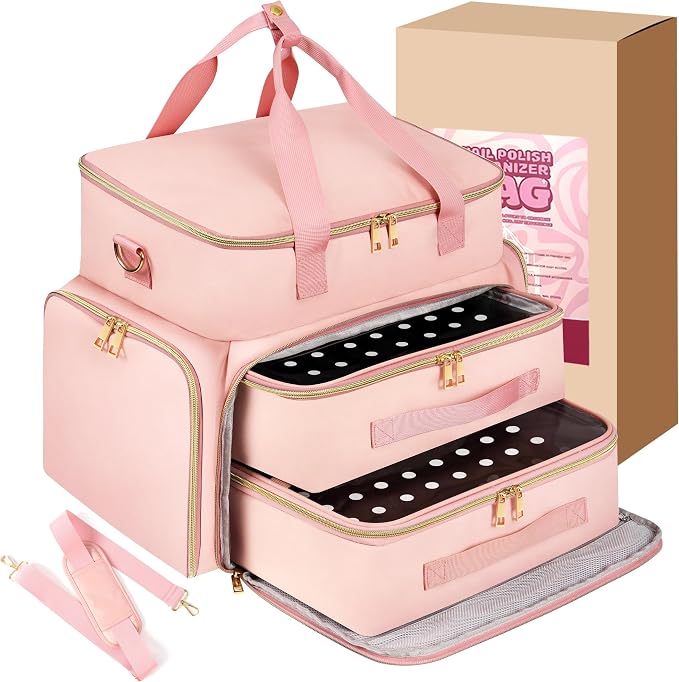 DERSTUEWE Nail Polish Organizer Case – Waterproof Travel Bag with Hard Bottom – Double Layer Nail Storage Bag with Adjustable Dividers & Nail Lamp Compartment (Pink) by Derstuewe