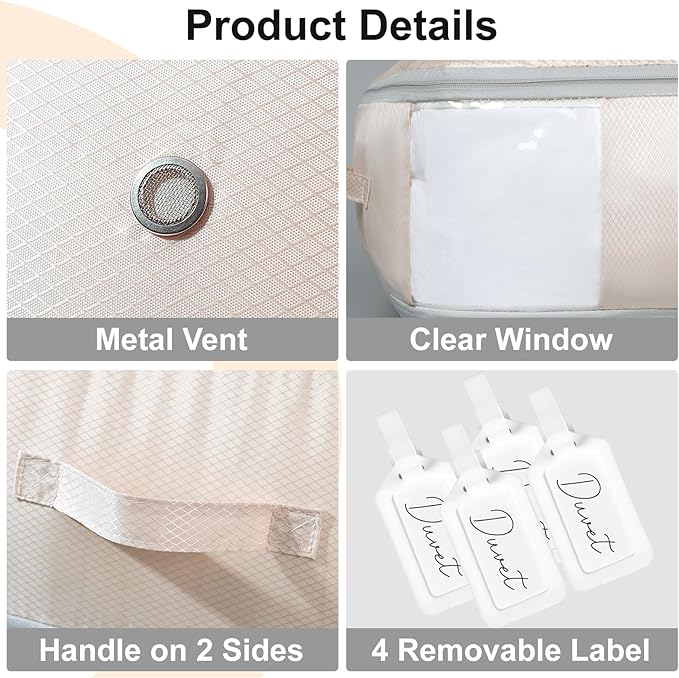 Comforter Storage Bag - Ultra Space Saving Self Compression Organizer 110L, Large Capacity Blanket Storage Bags, Washable Compression Bags for Storage 3 Pack, Beige - Image 5