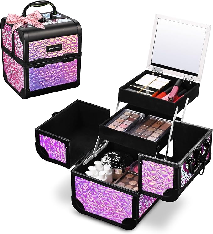 BYOOTIQUE Mini Makeup Train Case with Mirror 2 Tier Trays Box Makeup Artist | Aluminum Portable Travel Makeup Case Organizer Box Lockable Suitcase Cosmetic Storage Hairstylist Nail Tech Mermaid Pink - Image 3