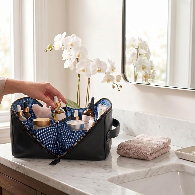 LEATHER VILLAGE Genuine Leather Travel Dopp Kit for Men & Women – Open Flat Large Capacity Cosmetic Bag with Water-Resistant Lining – Skin Care, Brushes, Shaving & Bathroom Essentials Organizer- Black - Image 7