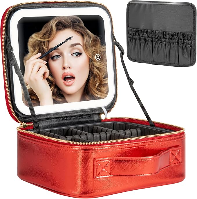 Extrei Gent Makeup Travel Train Case with Mirror LED Light 3 Adjustable Brightness Large Cosmetic Bag Portable Storage Adjustable Partition Waterproof Brushes Make up Jewelry Gift for Women by Extrei+Gent