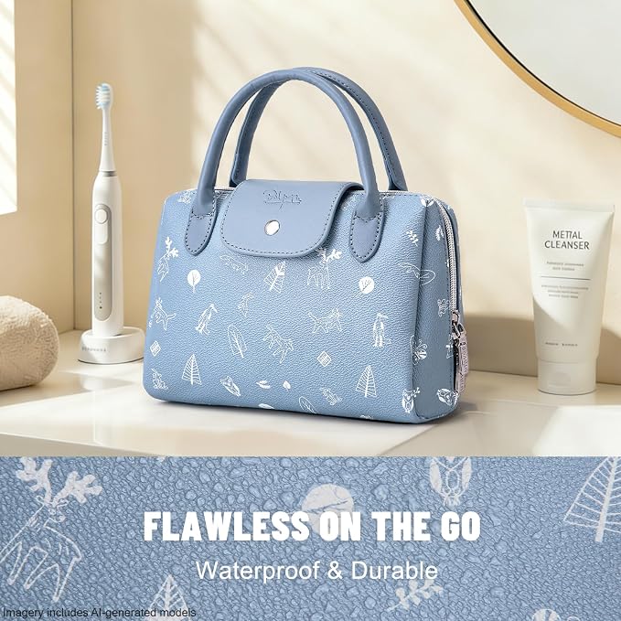 BOYATU Travel Makeup Bag Organizer with Handle: Forest Animal Cosmetic Bag Holds 10+ 100ml Full-Size Bottles for Dates & Trips - Waterproof Leather Toiletry Pouch 3-sec Touch-up for Chic Woman(Blue) - Image 3