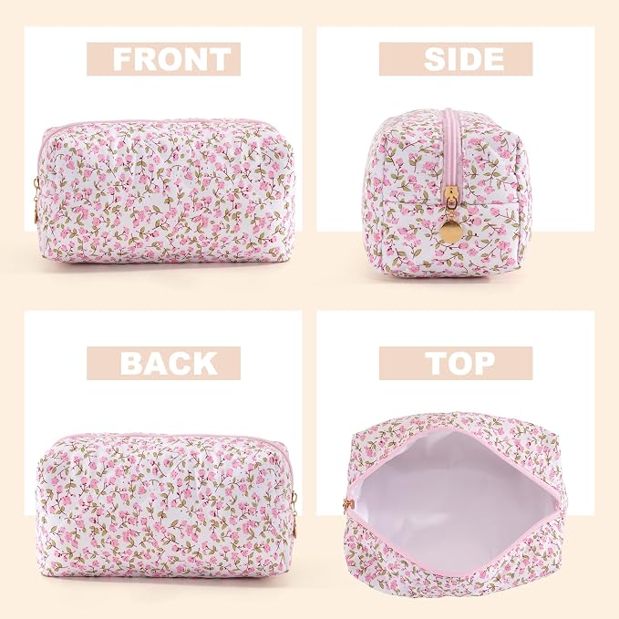 Makeup Bag Travel Toiletry Bag for Women, Small Cosmetic Bags Cute Quilted Cotton Makeup Pouch for Purse Emergency Bag Floral Pencil Case Accessory Bag, Pink - Image 3