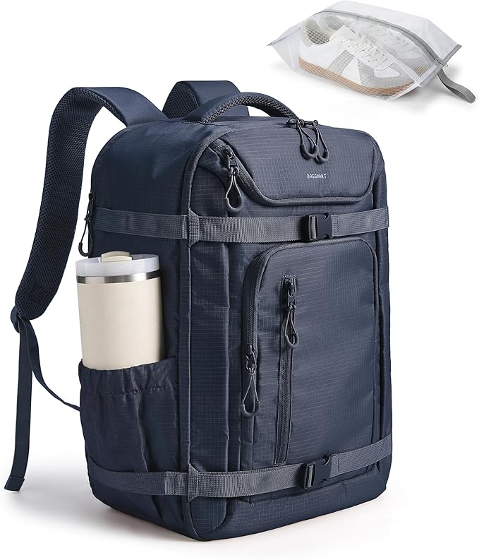 BAGSMART 35L Travel Backpack for Women & Men Fits 17-Inch Laptop, Airline Approved Carry On Backpack with Wet Pocket & Shoe Pouch, Water-Resistant Personal Item Travel Bag, Navy Blue by BAGSMART