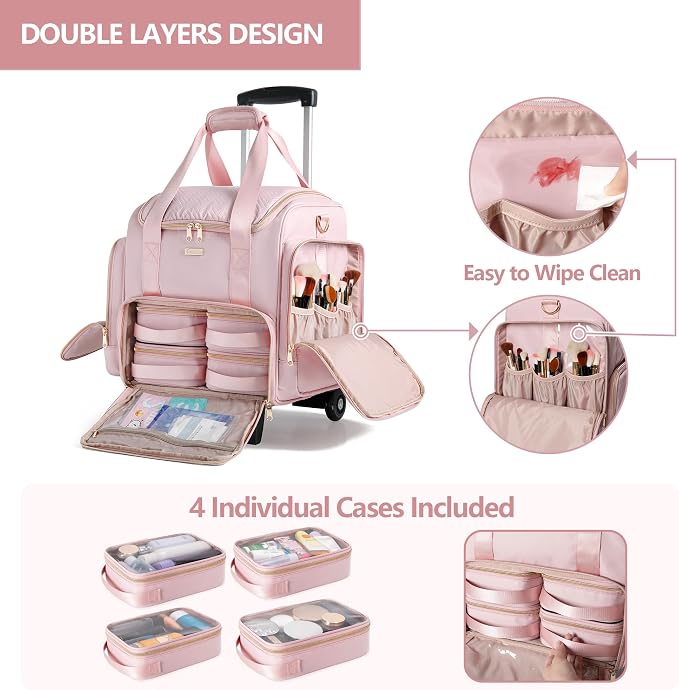 Rolling Makeup Case, Professional Makeup Train Case with Wheels | Makeup Artist Travel Bag with 4 Removable Bags, Professional Train Case with Adjustable Handle & Strap, Brush Storage Section - Image 2