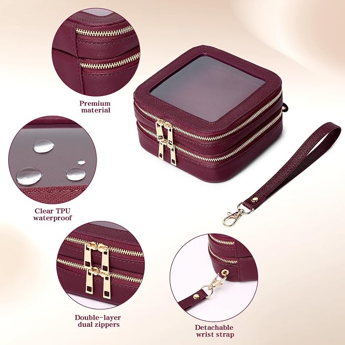 Pinkmik Double Layer Makeup Bag Small Clear Makeup Pouch Mini Travel Cosmetic & Toiletry Bag Purse Organizer and Car Essentials for Women (X/Burgundy, 2-Layer MINI) - Image 5