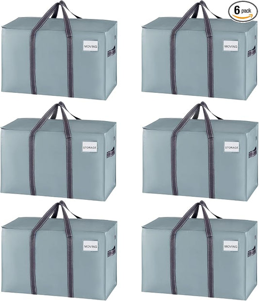 VENO 6 Pack Heavy Duty Moving Bags, Extra Large Storage Bags with Reinforced Handles & Strong Zippers, Foldable & Reusable Moving Box Alternative for Clothes & Dorm Storage by Veno