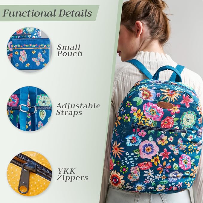 Maison d' Hermine Backpack for Women Men Cotton Shoulder Multipurpose Rucksack with Small Pouch Lightweight Multi Pocket for Travel Work Beach Perfect for Spring Summer (Happy Florals - Blue) - Image 4