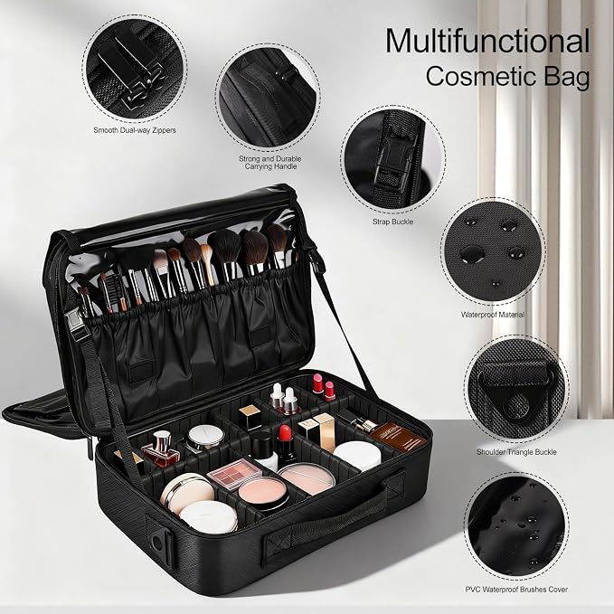 Greenfeather Travel Makeup Bag, Professional Cosmetic Train Case Organizer, Portable Travel Cosmetic Brush Bag Holder Makeup Artist Storage Box with Adjustable Dividers and Shoulder Strap, Black - Image 2