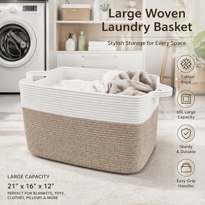 65L Collapsible Woven Rope Laundry Basket with Handles-White/Brown | 21x16x12 Foldable Rectangular Blanket Basket for Toys, Clothes & Pillows,Ideal for Nursery, Bathroom, Bedroom, Living Room - Image 5