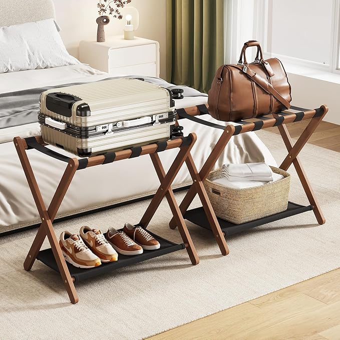 Fully Assembled Walnut Luggage Racks Set of 2, Bamboo 26.77" Luggage Rack Stand for Guest Room, 5 Nylon Straps, Foldable Suitcase Stand with Storage Shelf for Bedroom Hotel, Holds up to 165 Lbs by OAKVIVOElegantLifestyle