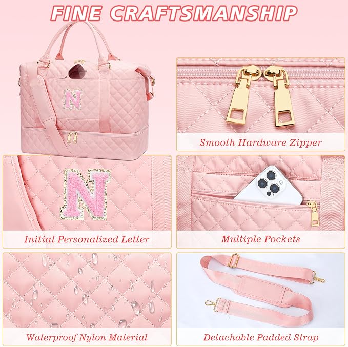 Gifts for Teen Girls Initial Travel Duffle Bag Quilted Weekender Bags Carry-On Overnight with Cosmetic Bag, Gym Bag with Shoe Compartment Hospital Bag for Women Labor Delivery, Pink-N - Image 6