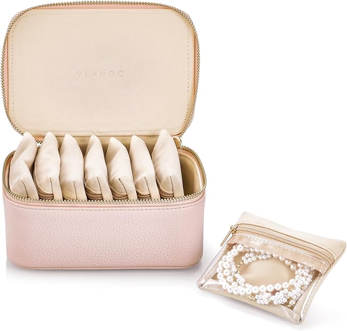 VLANDO Jewelry Travel Case,Gifts for Women,Travel Jewelry Organizer with Clear Velvet Jewelry Bags Zipper Pouch for Women Girl Gift-Pink 8Pcs by VLANDO