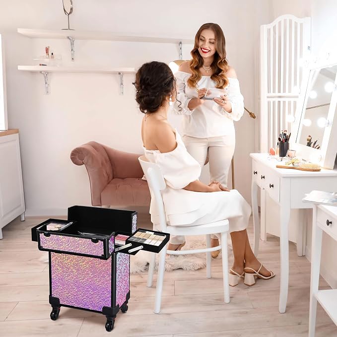 BYOOTIQUE Rolling Makeup Case Cosmetology case on wheels Makeup Artist Nail | Aluminum Rolling Makeup Suitcase with 360° Detachable Wheel Lockable 44Lb Large Capacity Organizer Nail Tech Mermaid Pink - Image 9