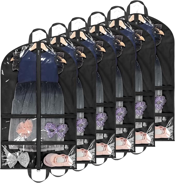 KEEGH Clear Garment Bags for Dance Costumes 40 inch Dance Garment Bags for Dancers Hanging Clothes for Closet Storage, with 4 Zipper Pockets for Dance Competitions, Ballet, Theatre, 6 Pack, Black by KEEGH