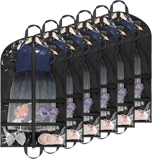 KEEGH Clear Garment Bags for Dance Costumes 40 inch Dance Garment Bags for Dancers Hanging Clothes for Closet Storage, with 4 Zipper Pockets for Dance Competitions, Ballet, Theatre, 6 Pack, Black by KEEGH